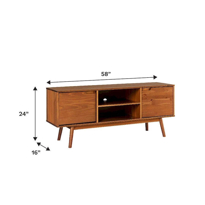 Meuble TV de 58 pouces en pin massif de style Mid-Century avec portes à fermeture douce et étagères ouvertes