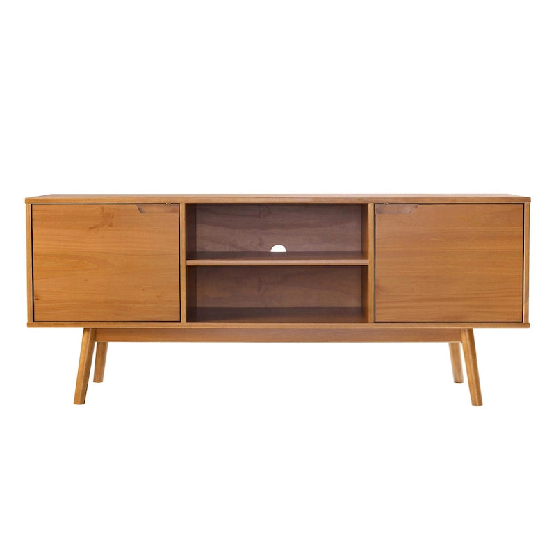 Meuble TV de 58 pouces en pin massif de style Mid-Century avec portes à fermeture douce et étagères ouvertes