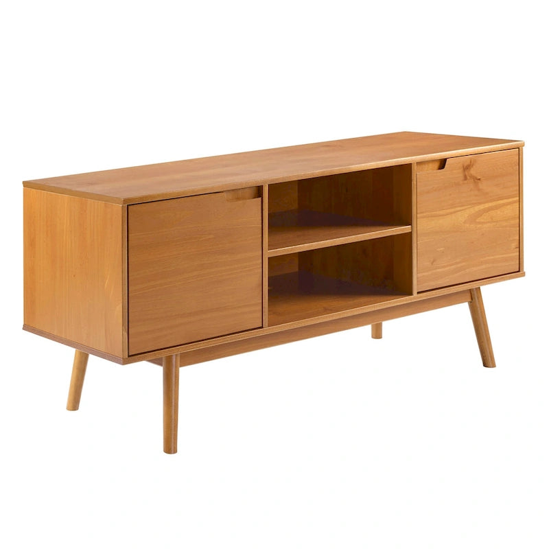 Meuble TV de 58 pouces en pin massif de style Mid-Century avec portes à fermeture douce et étagères ouvertes