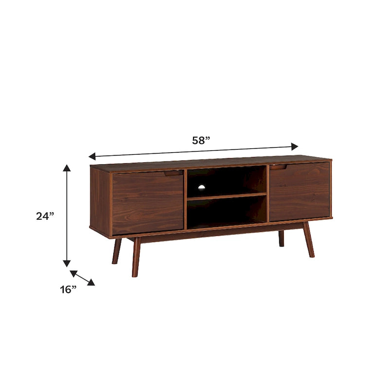 Meuble TV de 58 pouces en pin massif de style Mid-Century avec portes à fermeture douce et étagères ouvertes