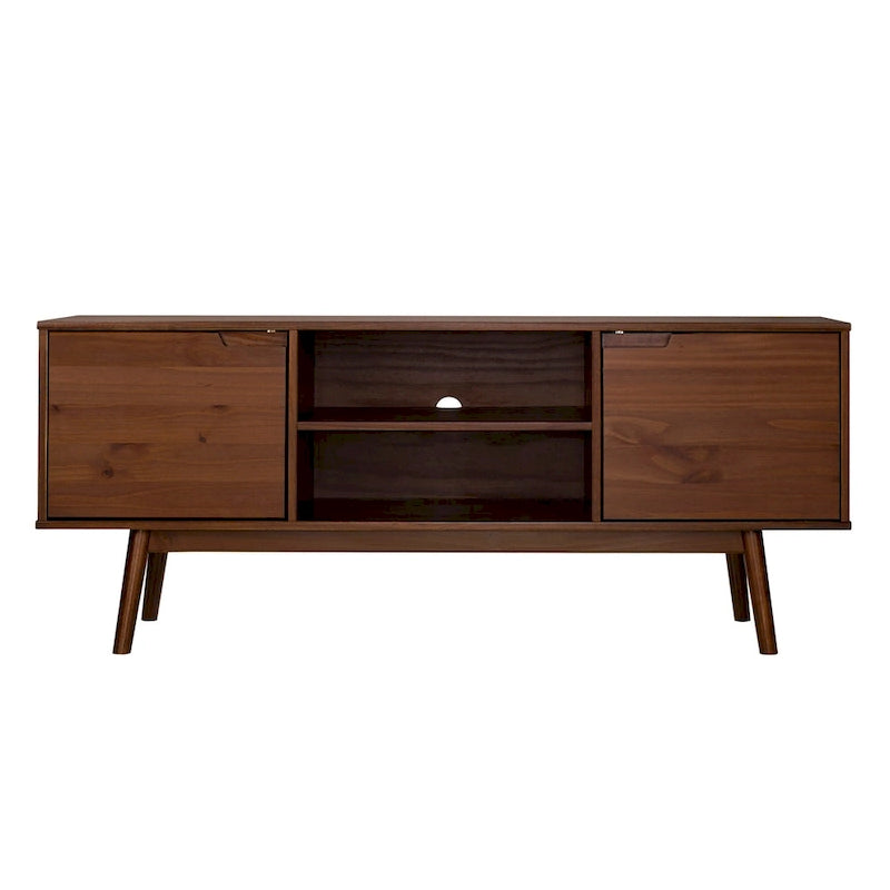 Meuble TV de 58 pouces en pin massif de style Mid-Century avec portes à fermeture douce et étagères ouvertes
