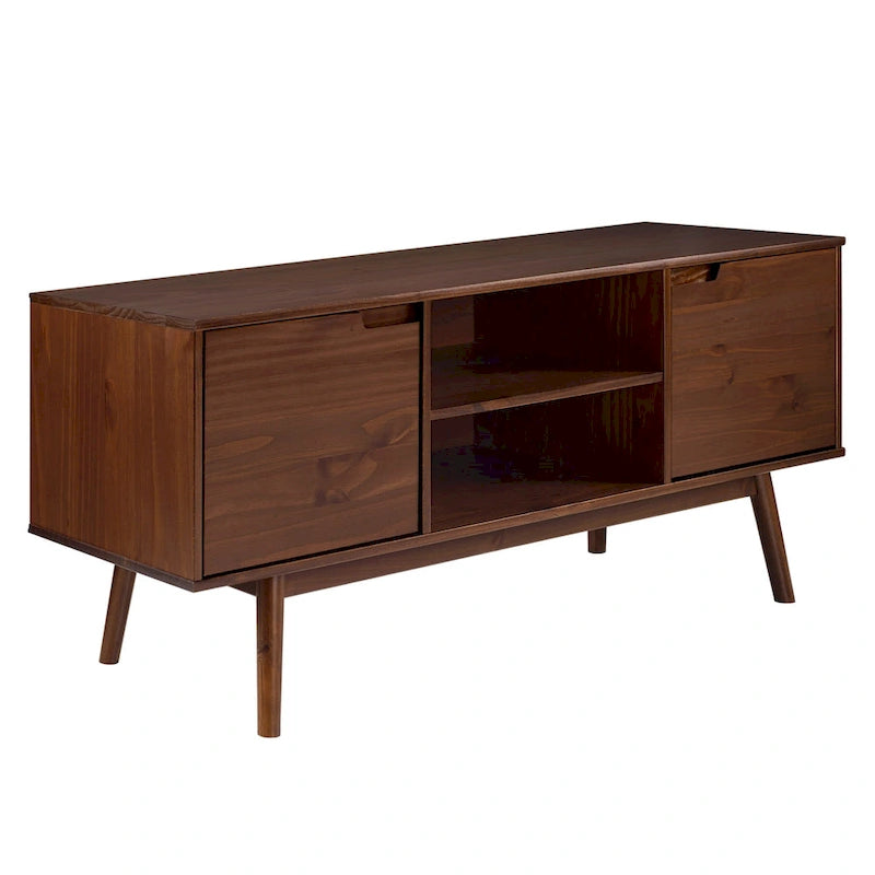 Meuble TV de 58 pouces en pin massif de style Mid-Century avec portes à fermeture douce et étagères ouvertes