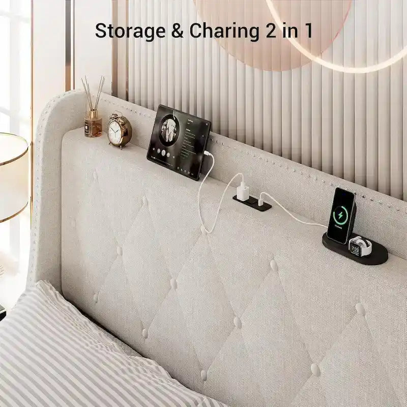 Cadre de lit capitonné avec 4 tiroirs de rangement, étagère de tête de lit et chargement USB