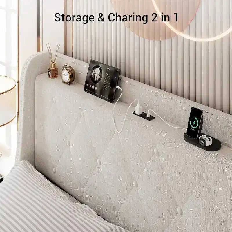 Cadre de lit capitonné avec 4 tiroirs de rangement, étagère de tête de lit et chargement USB