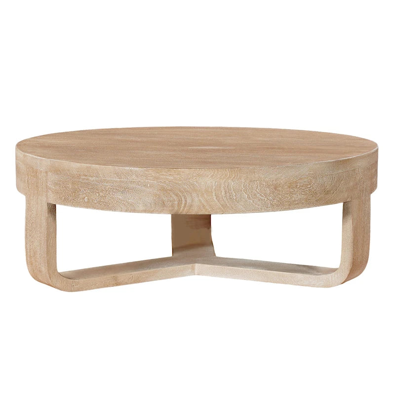Table basse ronde en bois de manguier avec base ouverte en forme de traîneau