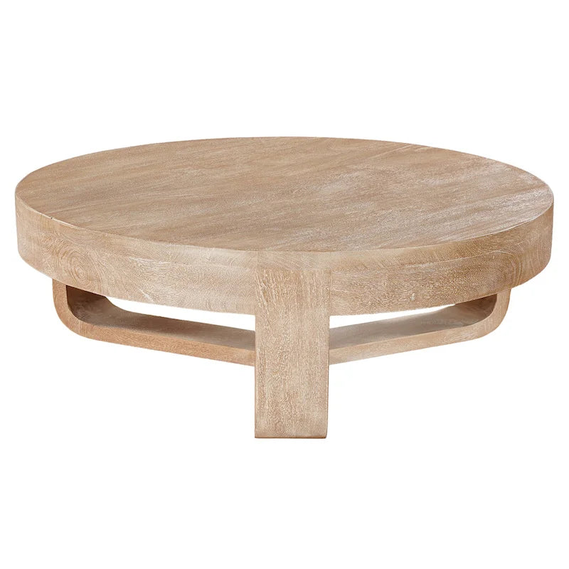 Table basse ronde en bois de manguier avec base ouverte en forme de traîneau