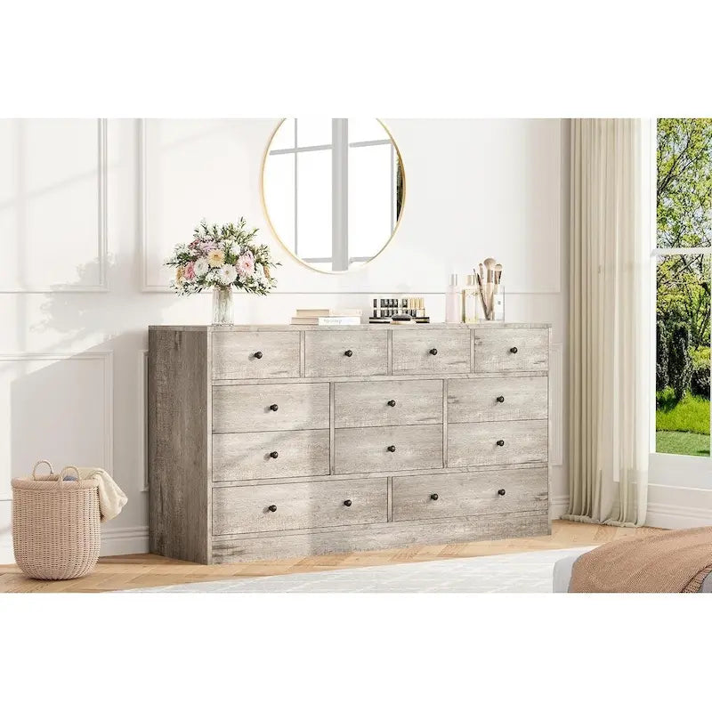 Commode en bois à 12 tiroirs de 155 cm de large avec prise de courant et ports USB intégrés