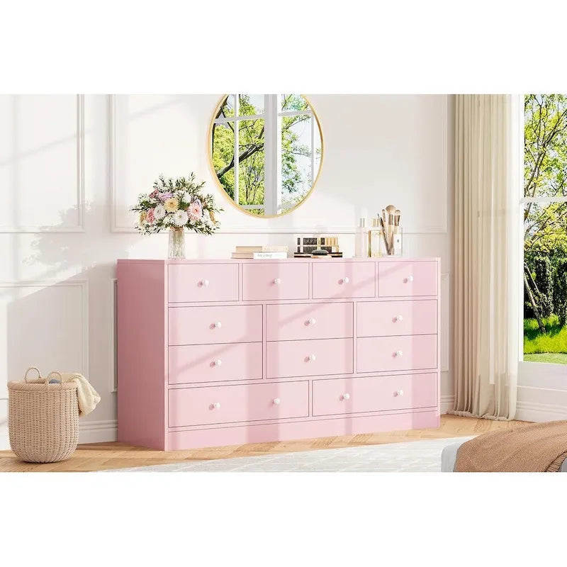 Commode en bois à 12 tiroirs de 155 cm de large avec prise de courant et ports USB intégrés