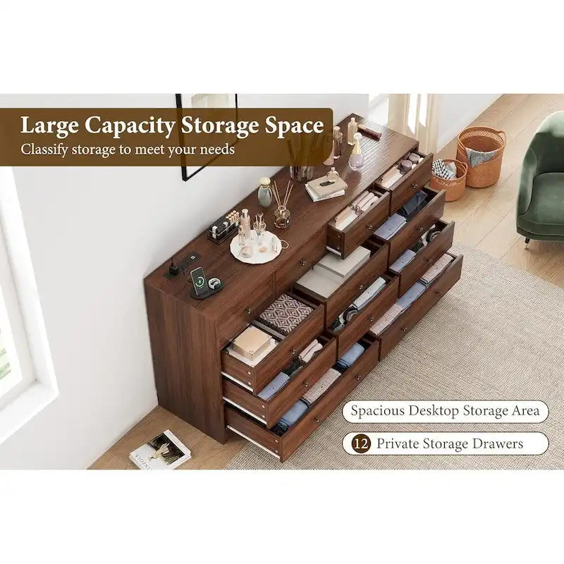 Commode en bois à 12 tiroirs de 155 cm de large avec prise de courant et ports USB intégrés