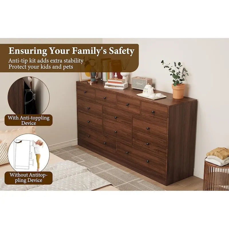 Commode en bois à 12 tiroirs de 155 cm de large avec prise de courant et ports USB intégrés
