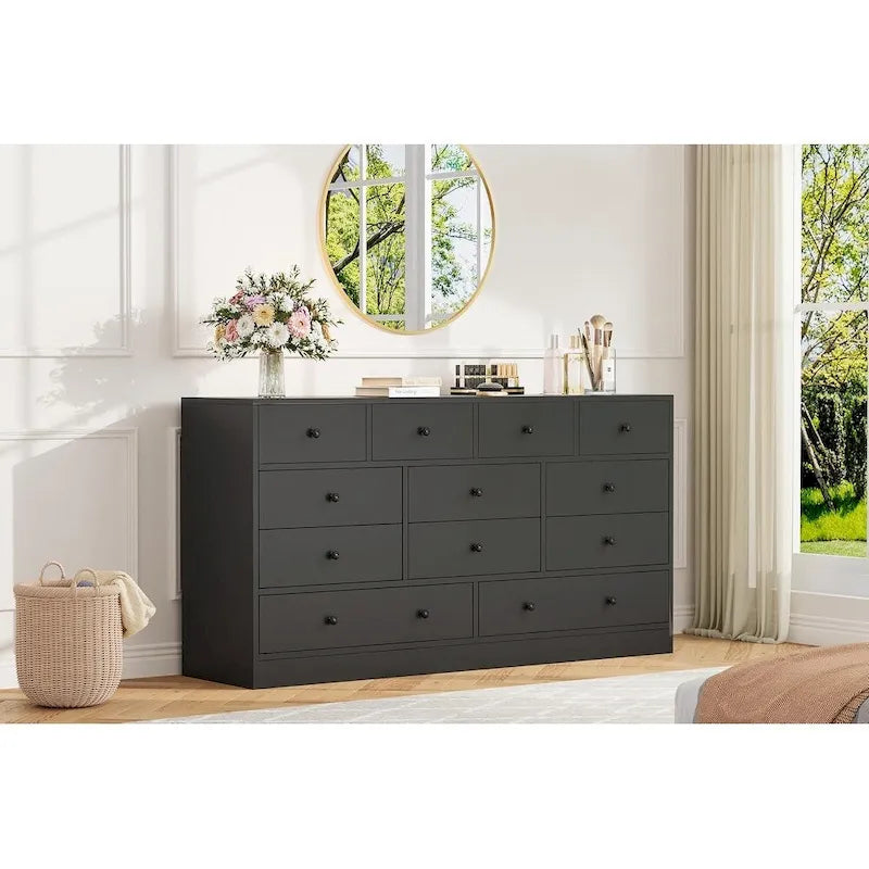 Commode en bois à 12 tiroirs de 155 cm de large avec prise de courant et ports USB intégrés