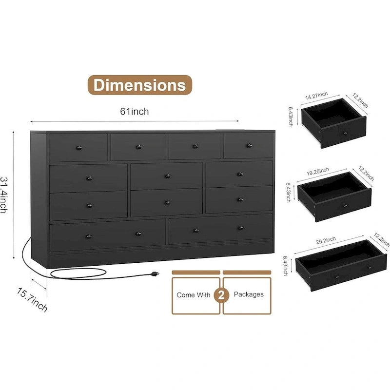 Commode en bois à 12 tiroirs de 155 cm de large avec prise de courant et ports USB intégrés