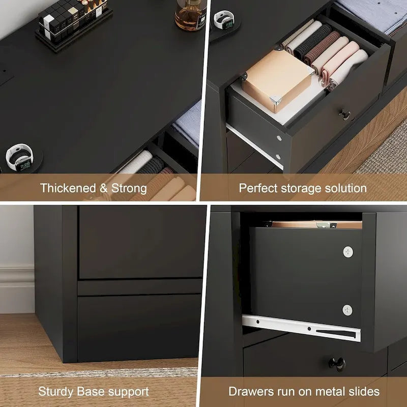 Commode en bois à 12 tiroirs de 155 cm de large avec prise de courant et ports USB intégrés