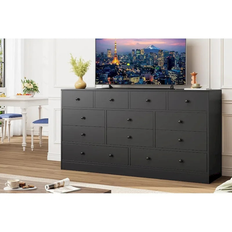 Commode en bois à 12 tiroirs de 155 cm de large avec prise de courant et ports USB intégrés