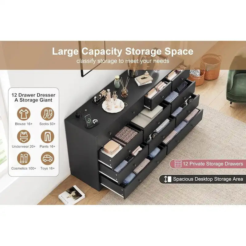 Commode en bois à 12 tiroirs de 155 cm de large avec prise de courant et ports USB intégrés