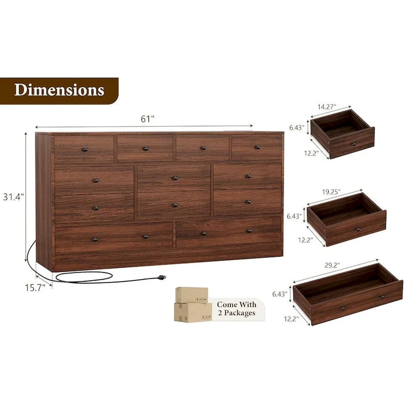 Commode en bois à 12 tiroirs de 155 cm de large avec prise de courant et ports USB intégrés