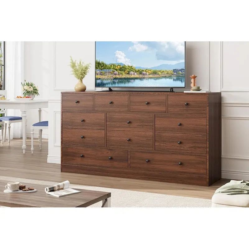 Commode en bois à 12 tiroirs de 155 cm de large avec prise de courant et ports USB intégrés