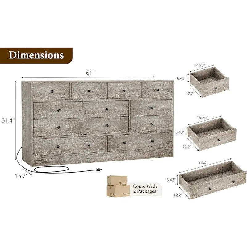 Commode en bois à 12 tiroirs de 155 cm de large avec prise de courant et ports USB intégrés