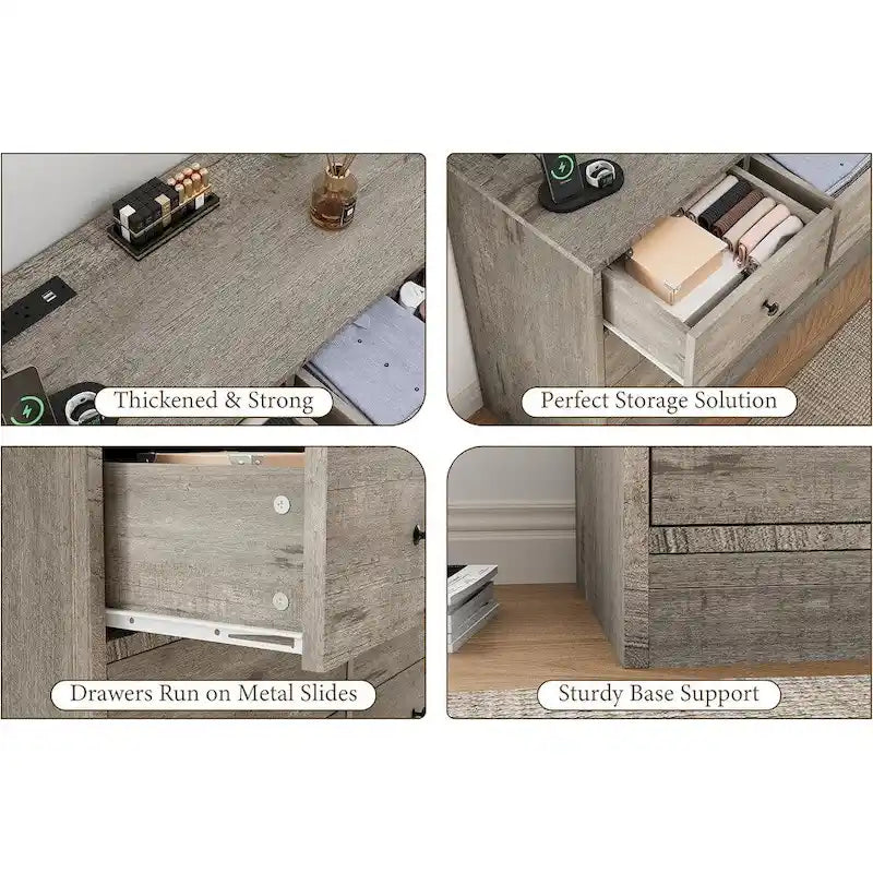 Commode en bois à 12 tiroirs de 155 cm de large avec prise de courant et ports USB intégrés