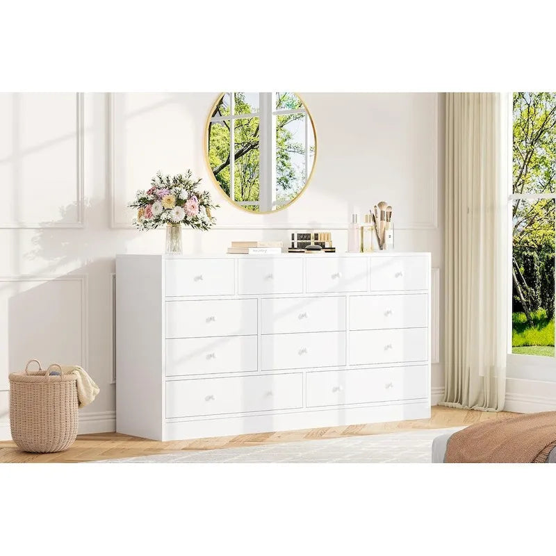 Commode en bois à 12 tiroirs de 155 cm de large avec prise de courant et ports USB intégrés