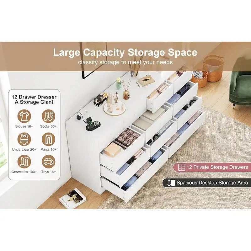 Commode en bois à 12 tiroirs de 155 cm de large avec prise de courant et ports USB intégrés