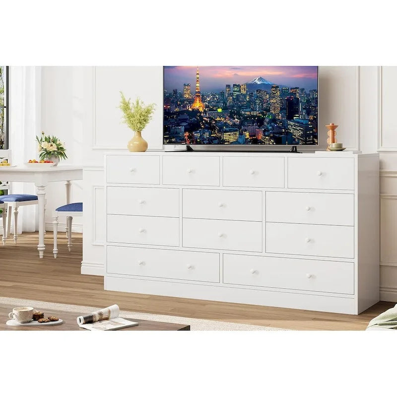 Commode en bois à 12 tiroirs de 155 cm de large avec prise de courant et ports USB intégrés