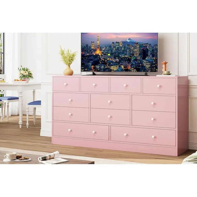 Commode en bois à 12 tiroirs de 155 cm de large avec prise de courant et ports USB intégrés