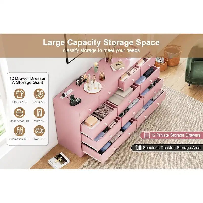 Commode en bois à 12 tiroirs de 155 cm de large avec prise de courant et ports USB intégrés