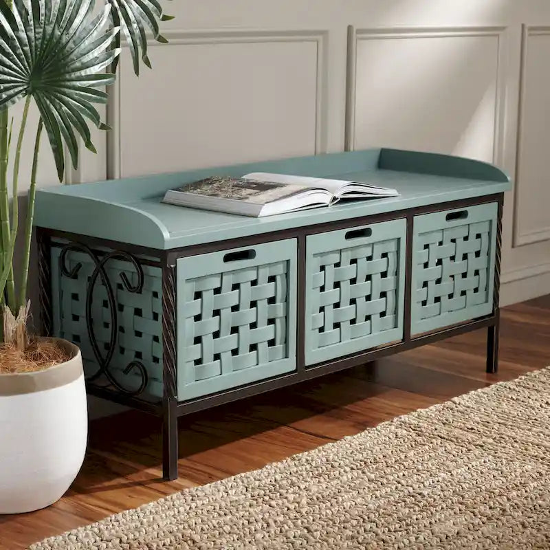 Banc de rangement en bois et fer avec 3 bacs ouverts, banc à chaussures d'entrée, 4 coloris disponibles