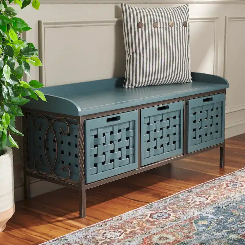 Banc de rangement en bois et fer avec 3 bacs ouverts, banc à chaussures d'entrée, 4 coloris disponibles