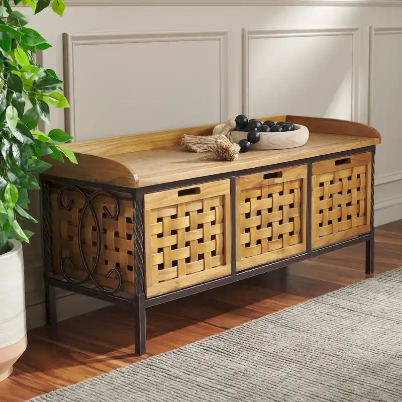 Banc de rangement en bois et fer avec 3 bacs ouverts, banc à chaussures d'entrée, 4 coloris disponibles