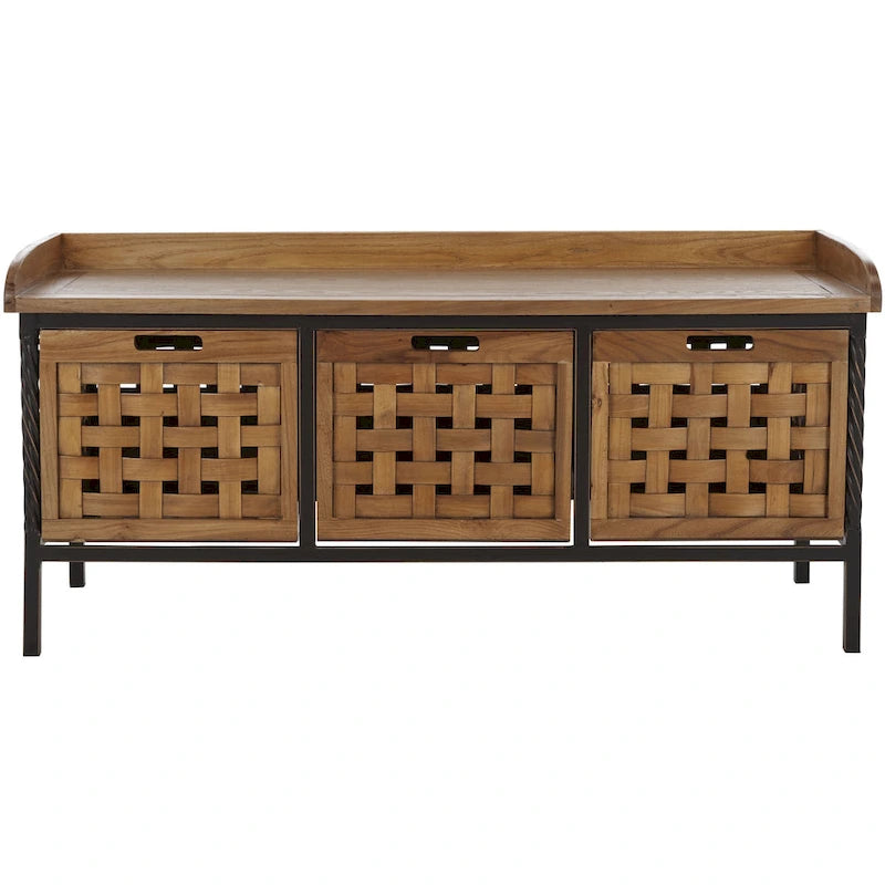 Banc de rangement en bois et fer avec 3 bacs ouverts, banc à chaussures d'entrée, 4 coloris disponibles