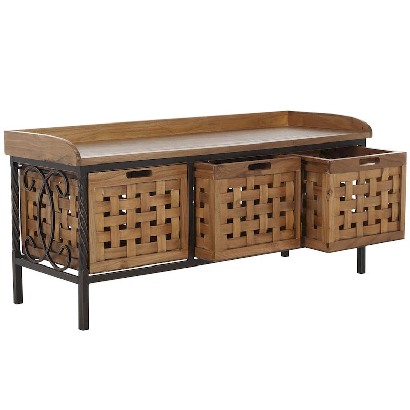 Banc de rangement en bois et fer avec 3 bacs ouverts, banc à chaussures d'entrée, 4 coloris disponibles