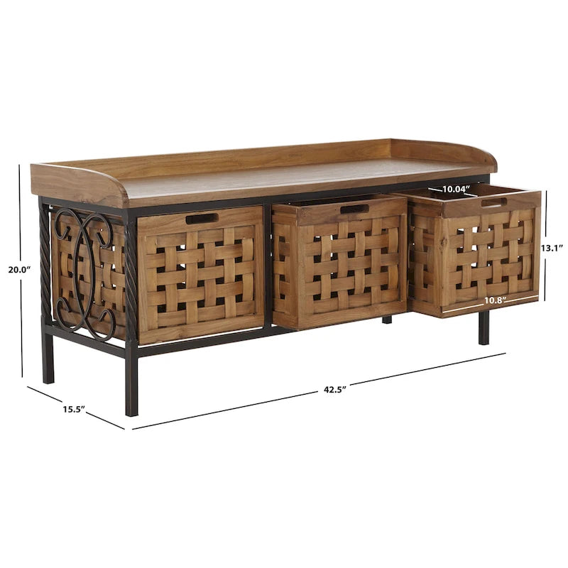 Banc de rangement en bois et fer avec 3 bacs ouverts, banc à chaussures d'entrée, 4 coloris disponibles