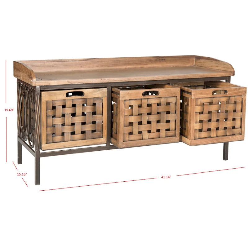 Banc de rangement en bois et fer avec 3 bacs ouverts, banc à chaussures d'entrée, 4 coloris disponibles