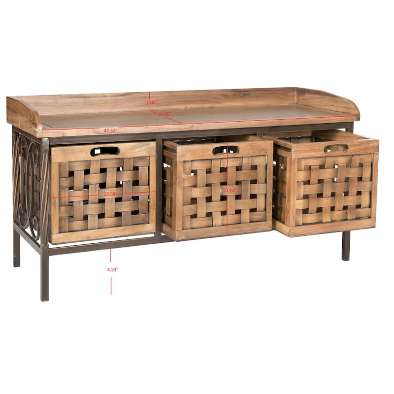 Banc de rangement en bois et fer avec 3 bacs ouverts, banc à chaussures d'entrée, 4 coloris disponibles