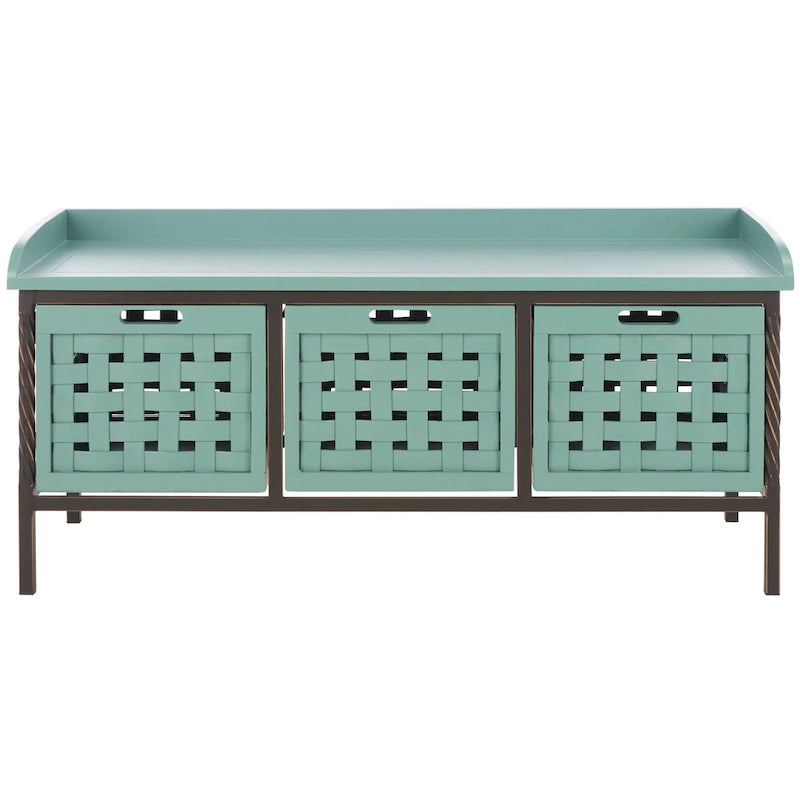 Banc de rangement en bois et fer avec 3 bacs ouverts, banc à chaussures d'entrée, 4 coloris disponibles
