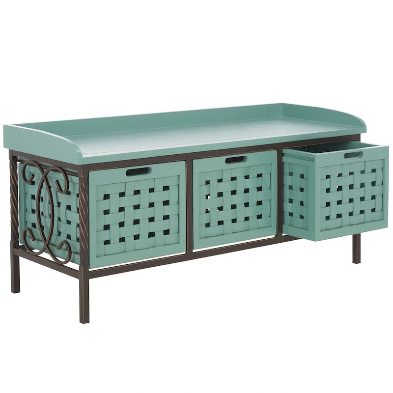 Banc de rangement en bois et fer avec 3 bacs ouverts, banc à chaussures d'entrée, 4 coloris disponibles