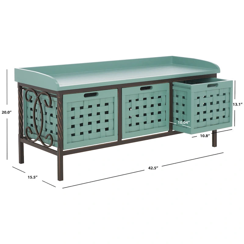 Banc de rangement en bois et fer avec 3 bacs ouverts, banc à chaussures d'entrée, 4 coloris disponibles