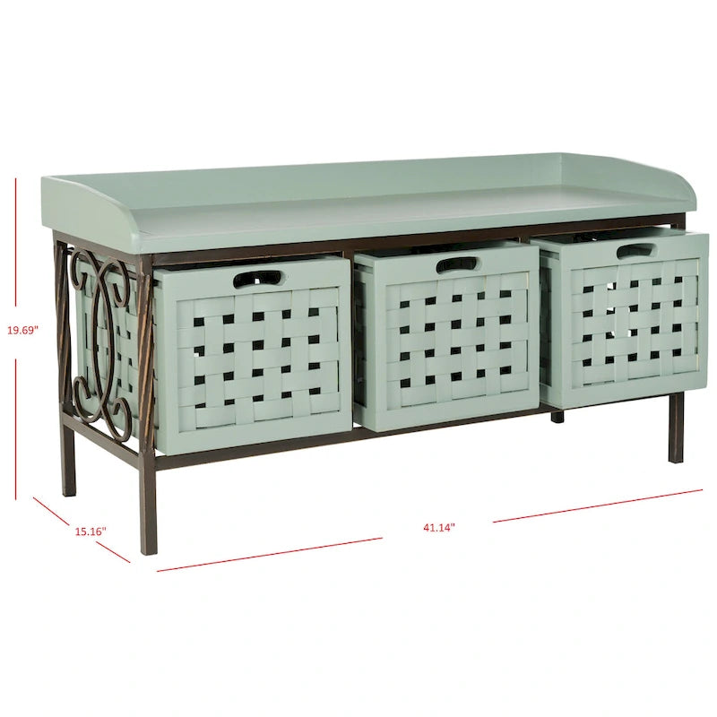 Banc de rangement en bois et fer avec 3 bacs ouverts, banc à chaussures d'entrée, 4 coloris disponibles