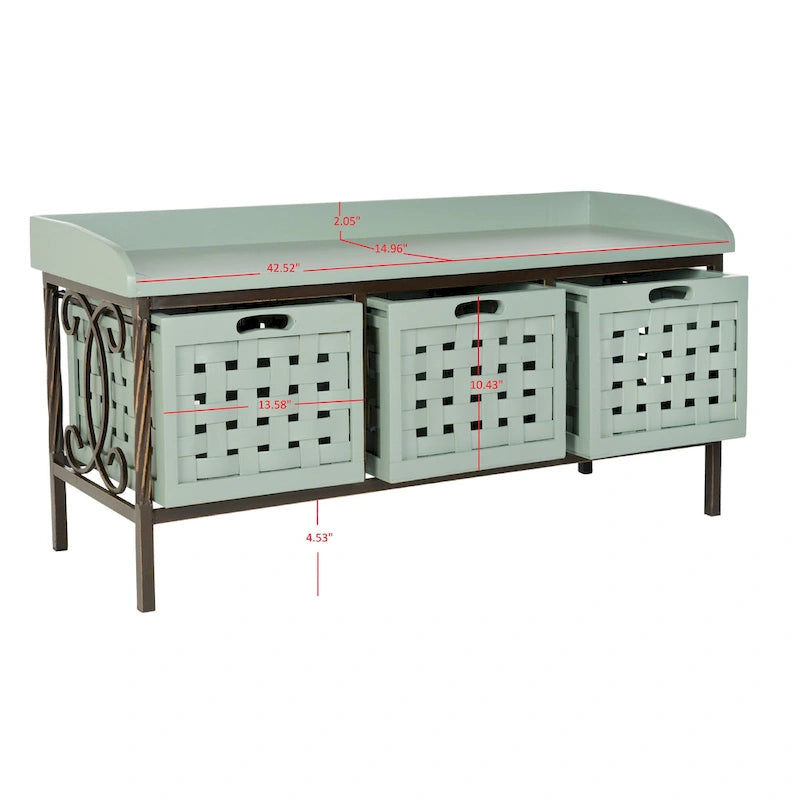 Banc de rangement en bois et fer avec 3 bacs ouverts, banc à chaussures d'entrée, 4 coloris disponibles