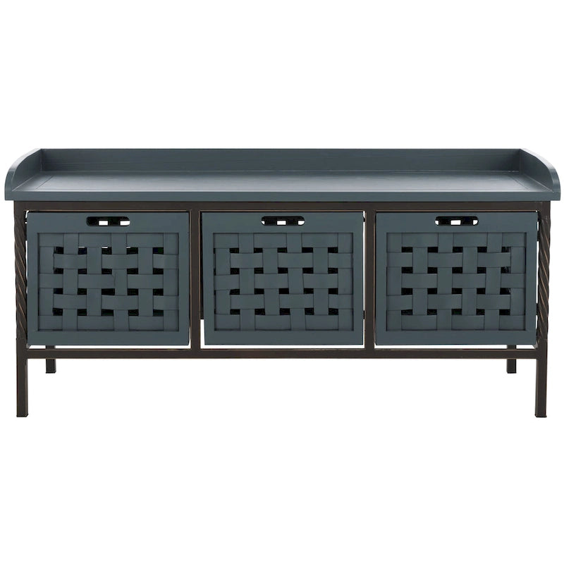 Banc de rangement en bois et fer avec 3 bacs ouverts, banc à chaussures d'entrée, 4 coloris disponibles