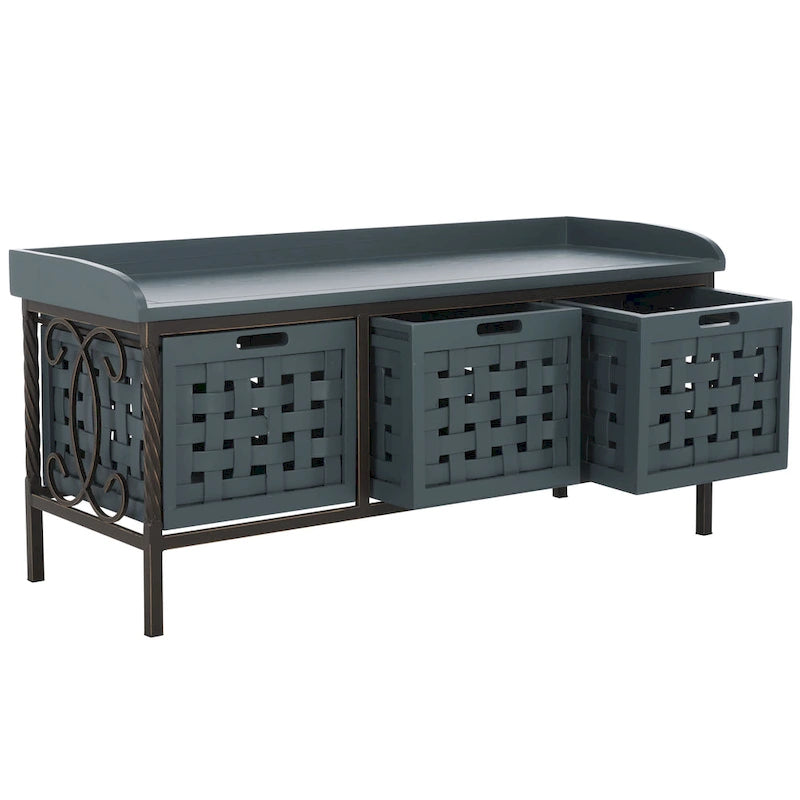 Banc de rangement en bois et fer avec 3 bacs ouverts, banc à chaussures d'entrée, 4 coloris disponibles