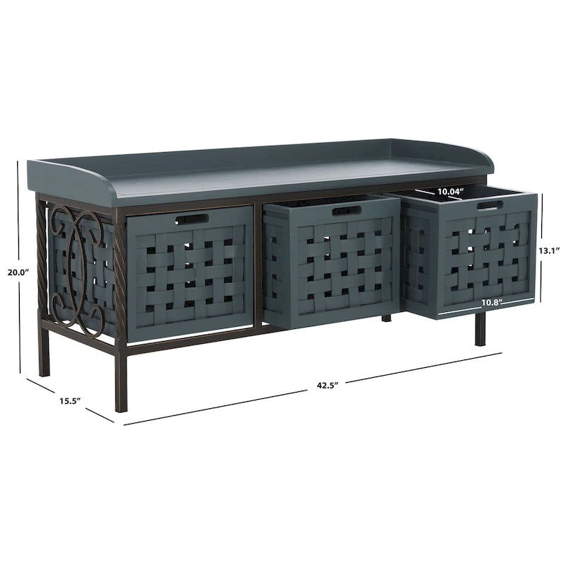 Banc de rangement en bois et fer avec 3 bacs ouverts, banc à chaussures d'entrée, 4 coloris disponibles