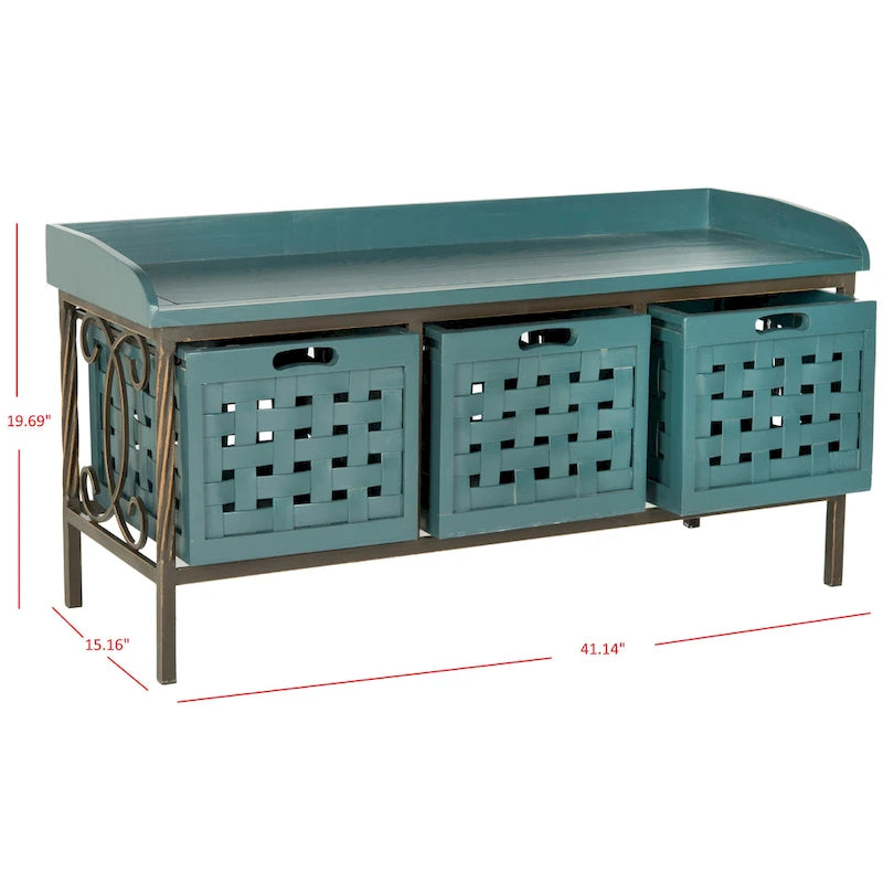 Banc de rangement en bois et fer avec 3 bacs ouverts, banc à chaussures d'entrée, 4 coloris disponibles