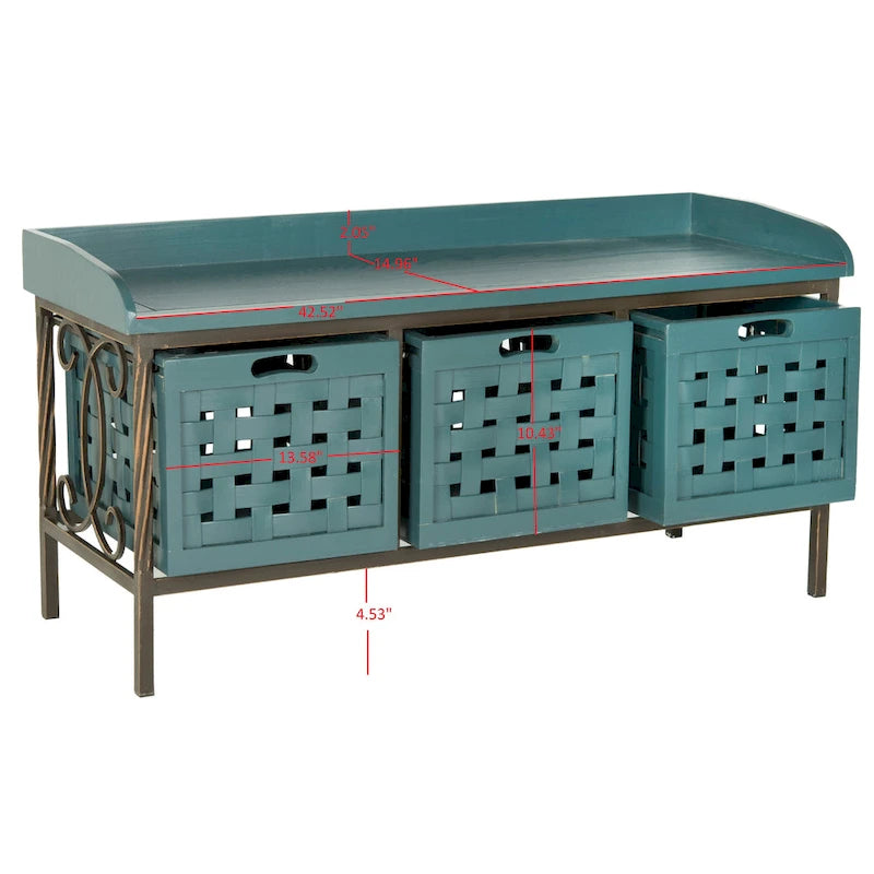 Banc de rangement en bois et fer avec 3 bacs ouverts, banc à chaussures d'entrée, 4 coloris disponibles