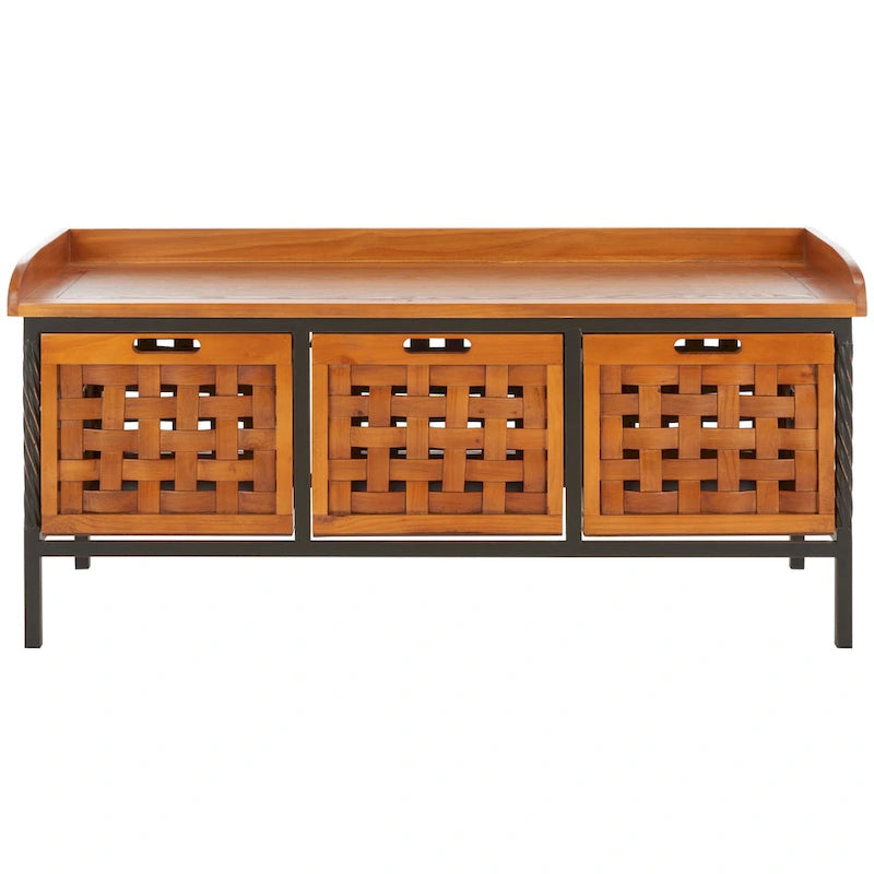 Banc de rangement en bois et fer avec 3 bacs ouverts, banc à chaussures d'entrée, 4 coloris disponibles