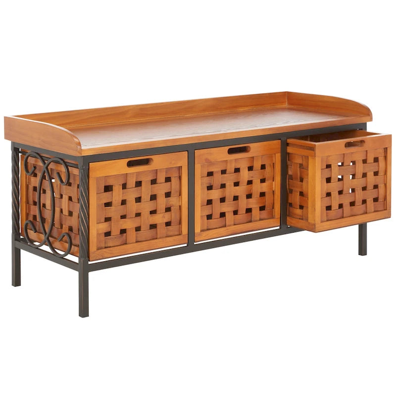 Banc de rangement en bois et fer avec 3 bacs ouverts, banc à chaussures d'entrée, 4 coloris disponibles