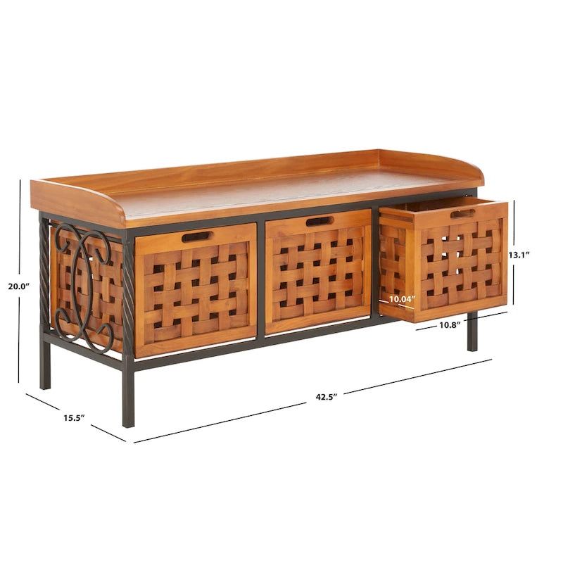 Banc de rangement en bois et fer avec 3 bacs ouverts, banc à chaussures d'entrée, 4 coloris disponibles