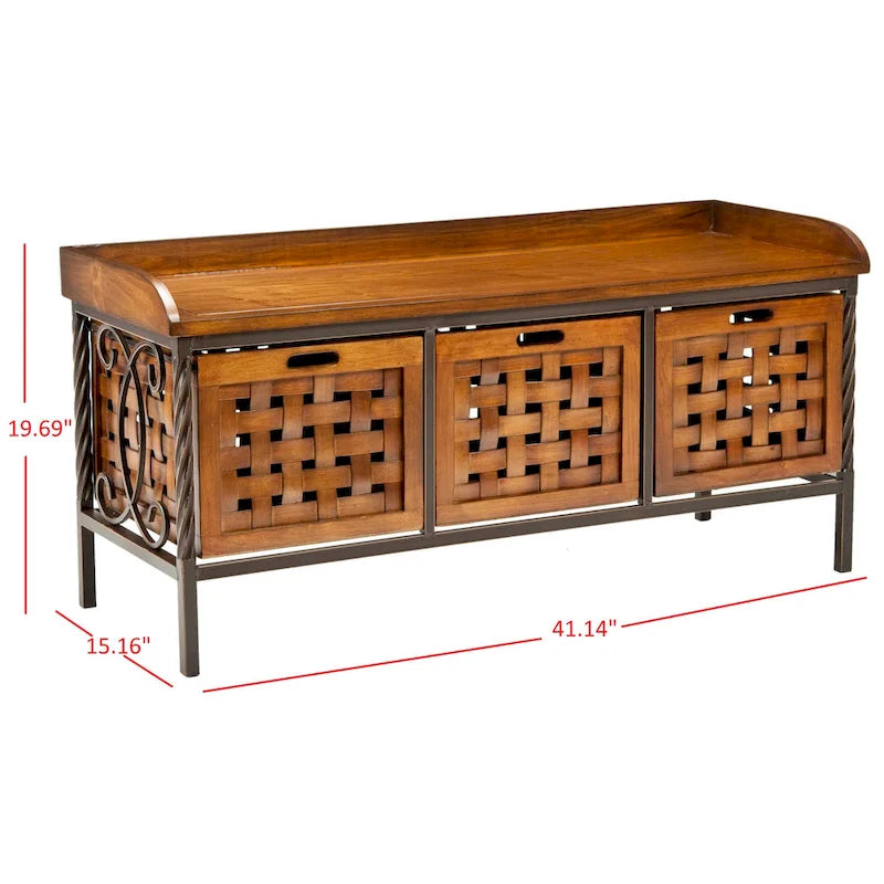 Banc de rangement en bois et fer avec 3 bacs ouverts, banc à chaussures d'entrée, 4 coloris disponibles